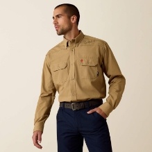 Ariat Mens FR Featherlight Work Shirt - Khaki fr,flame,fire,resistant,retardant,men,mens,boy,boys,top,shirt,solid,uniform,collar,collared,dress,light,khaki,tan,beige,yellow