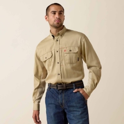 Ariat Mens FR Solid Vent Work Shirt - Khaki fr,flame,fire,resistant,retardant,men,mens,boy,boys,top,long,sleeve,collar,collared,shirt,solid,uniform,dress,light,khaki,tan,beige,yellow,brown