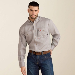 Ariat Mens FR Solid Vent Work Shirt - Silver Fox fr,flame,fire,resistant,retardant,men,mens,boy,boys,top,long,sleeve,collar,collared,shirt,solid,uniform,dress,light,silver,grey,gray,iron,charcoal