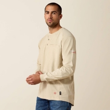 Ariat Mens FR Air Henley - Khaki fr,flame,fire,resistant,retardant,men,mens,boy,boys,shirt,solid,uniform,top,crew,neck,henley,long,sleeve,light,tan,beige,sand,heather,khaki