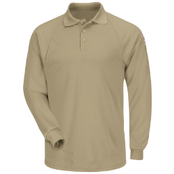 Bulwark Mens Classic Lightweight FR Long Sleeve Polo - Khaki FR,flame,fire,resistant,retardant,men,mens,boy,boys,shirt,solid,polo,collar,collared,neck,long,sleeve,light,khaki,tan,beige,brown