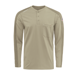 Bulwark Mens Flex Knit Henley - Khaki FR,flame,fire,resistant,retardant,men,mens,boy,boys,shirt,solid,crew,top,neck,long,sleeve,light,khaki,tan,beige,brown