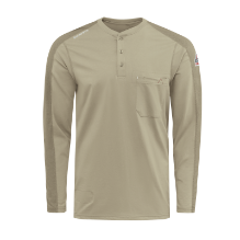 Bulwark Mens Flex Knit Henley - Khaki FR,flame,fire,resistant,retardant,men,mens,boy,boys,shirt,solid,crew,top,neck,long,sleeve,light,khaki,tan,beige,brown