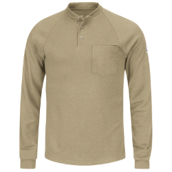 Bulwark Mens Lightweight FR Henley - Khaki FR,flame,fire,resistant,retardant,men,mens,boy,boys,shirt,top,solid,crew,neck,t-shirt,tee,long,sleeve,light,khaki,tan,beige,brown