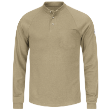 Bulwark Mens Lightweight FR Henley - Khaki FR,flame,fire,resistant,retardant,men,mens,boy,boys,shirt,top,solid,crew,neck,t-shirt,tee,long,sleeve,light,khaki,tan,beige,brown