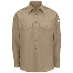 Bulwark Mens Lightweight Nomex FR Snap-Front Shirt - Tan fr,fire,flame,resistant,retardant,men,mens,boy,boys,uniform,solid,long,sleeve,collar,collared,formal,dress,shirt,top,khaki,tan,beige,sand,light