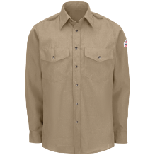 Bulwark Mens Lightweight Nomex FR Snap-Front Shirt - Tan fr,fire,flame,resistant,retardant,men,mens,boy,boys,uniform,solid,long,sleeve,collar,collared,formal,dress,shirt,top,khaki,tan,beige,sand,light