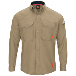 Bulwark Mens iQ Series Comfort Woven Long Sleeve Lightweight Shirt - Khaki FR,flame,fire,resistant,retardant,men,mens,boy,boys,shirt,solid,uniform,collar,collared,neck,uniform,long,sleeve,dark,light,tan,beige,brown,khaki