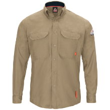 Bulwark Mens iQ Series Comfort Woven Long Sleeve Lightweight Shirt - Khaki FR,flame,fire,resistant,retardant,men,mens,boy,boys,shirt,solid,uniform,collar,collared,neck,uniform,long,sleeve,dark,light,tan,beige,brown,khaki