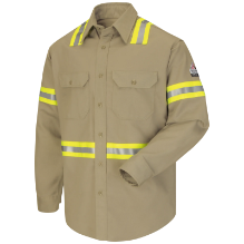Bulwark Mens Midweight FR Enhanced Visibility Uniform Shirt - Khaki fr,fire,flame,resistant,retardant,men,mens,boy,boys,long,sleeve,uniform,dress,formal,shirt,top,collar,collared,solid,tan,light,khaki,sand,brown,high,visibility,stripes,silver