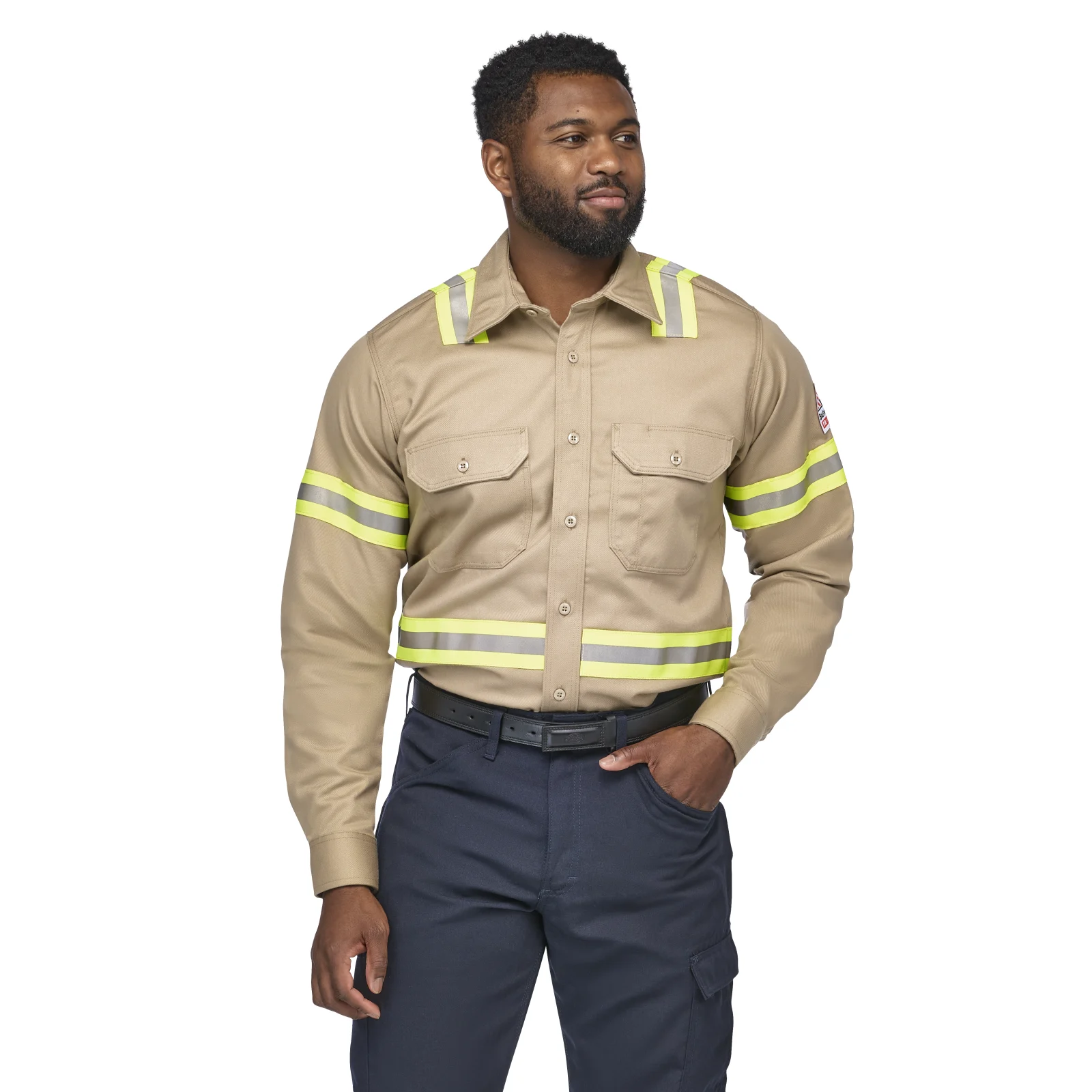 Bulwark Mens Midweight FR Enhanced Visibility Uniform Shirt - Khaki - SLDTKH-