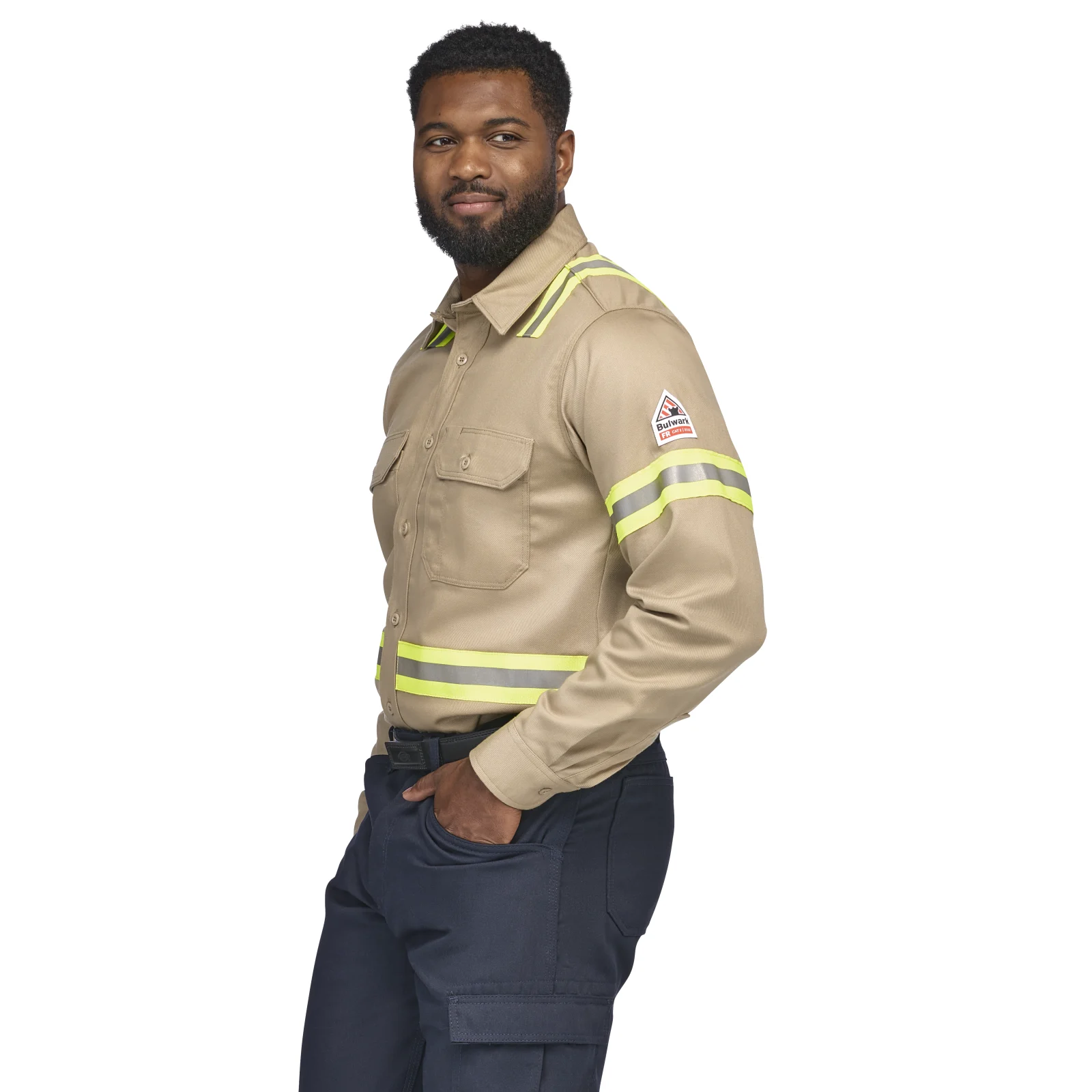Bulwark Mens Midweight FR Enhanced Visibility Uniform Shirt - Khaki - SLDTKH-
