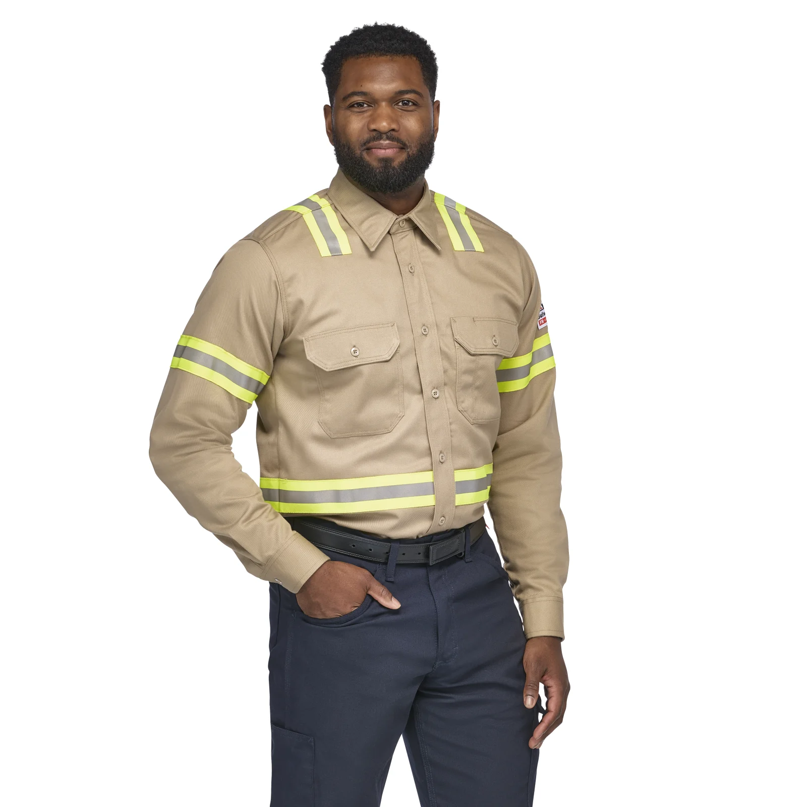 Bulwark Mens Midweight FR Enhanced Visibility Uniform Shirt - Khaki - SLDTKH-