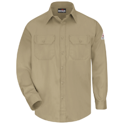 Bulwark Mens Uniform Shirt - Khaki fr,fire,flame,resistant,retardant,men,mens,boy,boys,long,sleeve,uniform,dress,formal,shirt,top,collar,collared,solid,light,khaki,tan,brown,beige