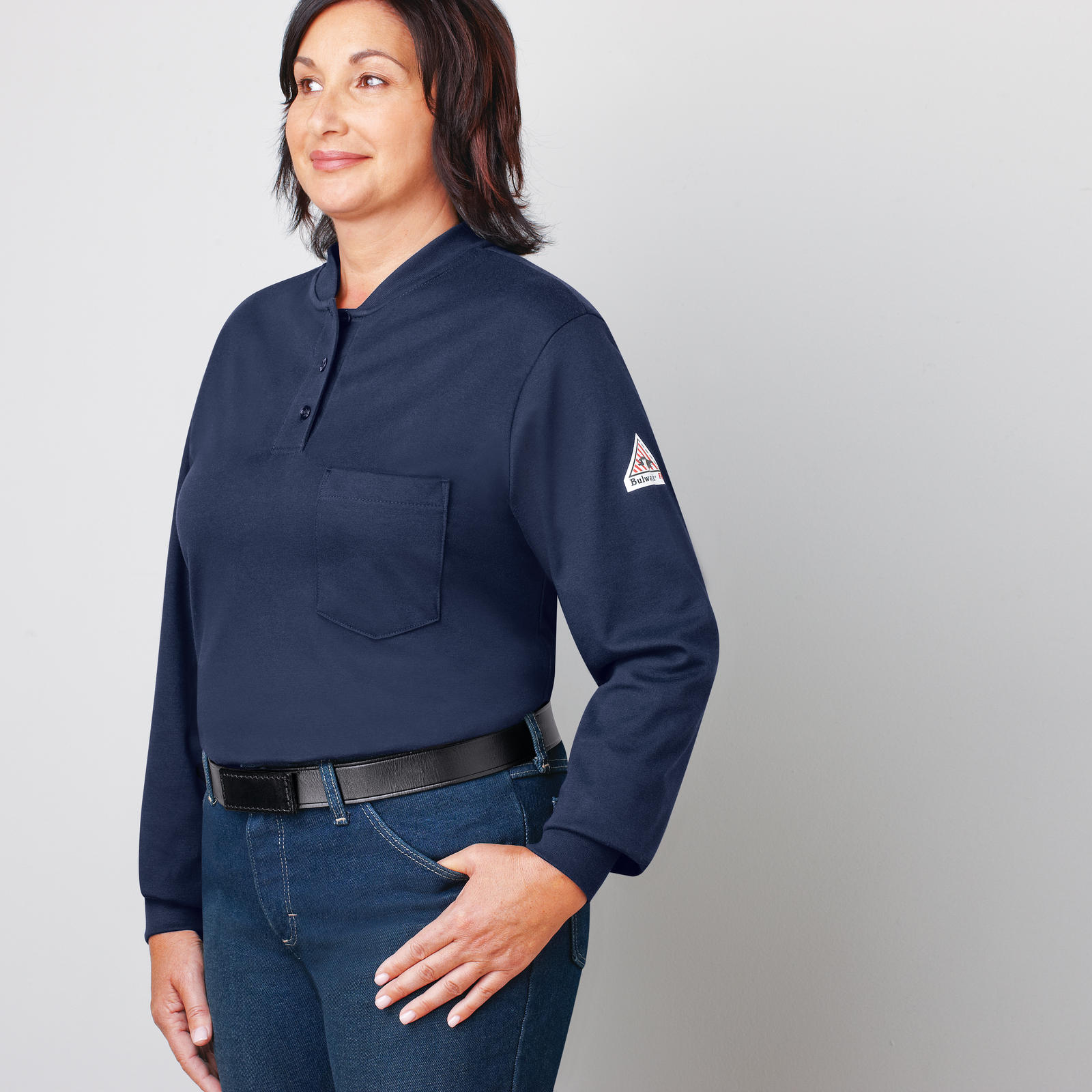 Bulwark Womens Lightweight FR Long Sleeve Henley - Navy - SEL3NV-