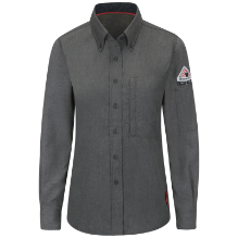 Bulwark Womens iQ Series Comfort Woven Lightweight Shirt - Dark Grey FR,fire,flame,resistant,retardant,women,womens,girl,girls,lady,ladies,shirt,solid,uniform,collar,collared,neck,uniform,long,sleeve,dark,light,grey,gray,black,iron,metal,charcoal
