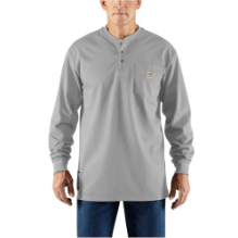 Carhartt Mens 6.75 oz FR Force Cotton Long Sleeve Henley - Light Grey fr,flame,fire,resistant,retardant,men,mens,boy,boys,top,shirt,solid,uniform,crew,neck,henley,long,sleeve,light,grey,gray,iron,charcoal