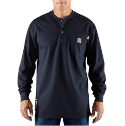 Carhartt Mens 6.75 oz FR Force Cotton Long Sleeve Henley - Dark Navy fr,flame,fire,resistant,retardant,men,mens,boy,boys,shirt,top,solid,uniform,crew,neck,henley,long,sleeve,dark,navy,blue,midnight