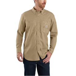 Carhartt Mens FR Force Sun Defender Long Sleeve Button Shirt - Dark Khaki FR,flame,fire,resistant,retardant,men,mens,boy,boys,shirt,top,solid,uniform,collar,collared,neck,uniform,loose,fit,lightweight,long,sleeve,light,dark,brown,tan,khaki,beige