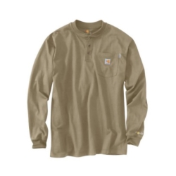 Carhartt Mens 6.75 oz FR Force Cotton Long Sleeve Henley - Khaki fr,flame,fire,resistant,retardant,men,mens,boy,boys,top,shirt,solid,uniform,crew,neck,henley,long,sleeve,light,khaki,tan,beige,brown