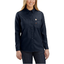 Carhartt Womens FR Force Sun Defender Long Sleeve Button Shirt - Navy FR,flame,fire,resistant,retardant,women,womens,girl,girls,lady,ladies,shirt,top,solid,uniform,collar,collared,neck,uniform,loose,fit,lightweight,long,sleeve,dark,blue,navy,midnight