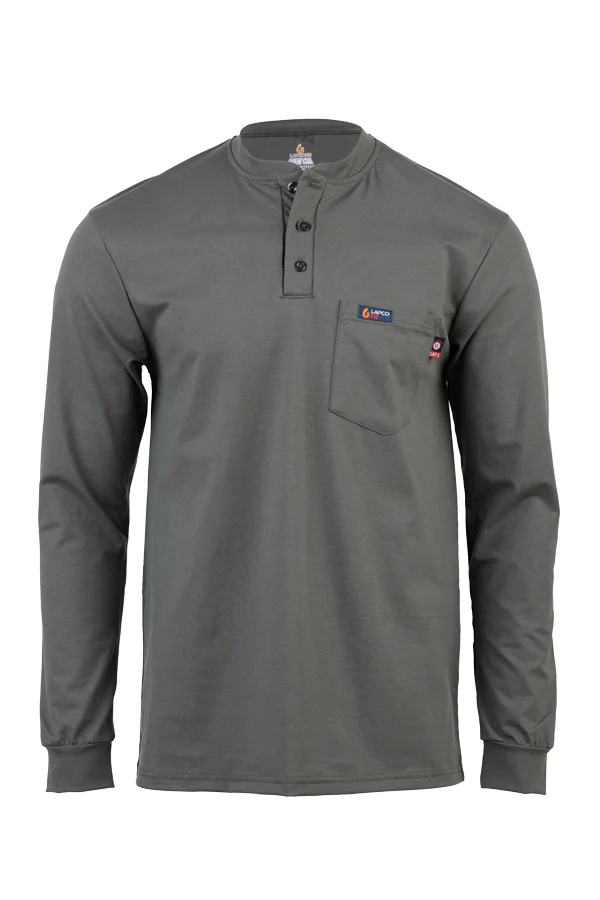 Lapco Mens FR 6oz 93/7 Knit Henley Tee - Gray FR,flame,fire,resistant,retardant,men,mens,boy,boys,shirt,solid,crew,neck,tee,t-shirt,long,sleeve,dark,light,gray,grey,charcoal,iron,metal