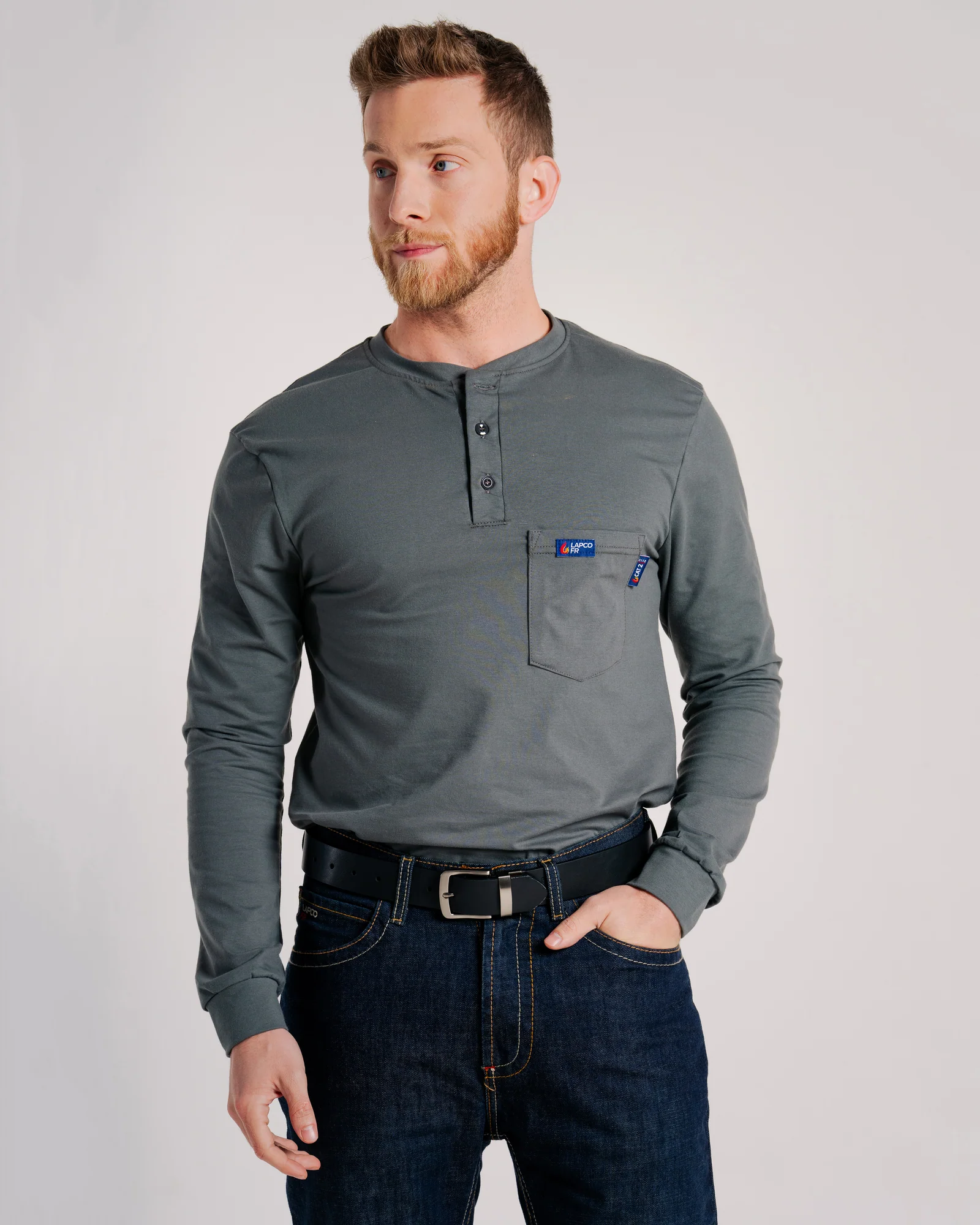 Lapco Mens FR 6oz 93/7 Knit Henley Tee - Gray - FRT-HJE6GY-