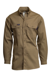 Lapco Mens FR 7 oz Uniform Shirt - Khaki FR,flame,fire,resistant,retardant,men,mens,boy,boys,shirt,solid,uniform,collar,collared,neck,long,sleeve,light,khaki,tan,beige,brown