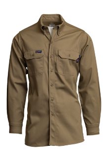 Lapco Mens FR 7 oz Uniform Shirt - Khaki FR,flame,fire,resistant,retardant,men,mens,boy,boys,shirt,solid,uniform,collar,collared,neck,long,sleeve,light,khaki,tan,beige,brown