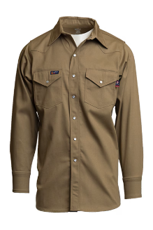 Lapco Mens FR 7 oz Western Shirt - Khaki FR,flame,fire,resistant,retardant,men,mens,boy,boys,shirt,solid,uniform,collar,collared,neck,long,sleeve,light,dark,khaki,tan,beige,brown