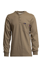 Lapco Mens FR Jersey Knit Henley Tee - Khaki FR,flame,fire,resistant,retardant,men,mens,boy,boys,shirt,solid,crew,neck,tee,t-shirt,long,sleeve,dark,light,khaki,tan,beige,brown