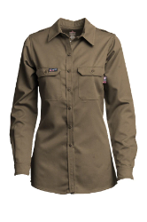 Lapco Womens DH Uniform Shirts 6.5oz. Westex - Khaki FR,fire,flame,resistant,retardant,women,womens,girl,girls,lady,ladies,shirt,solid,collar,collared,neck,uniform,long,sleeve,dark,light,khaki,tan,beige,brown