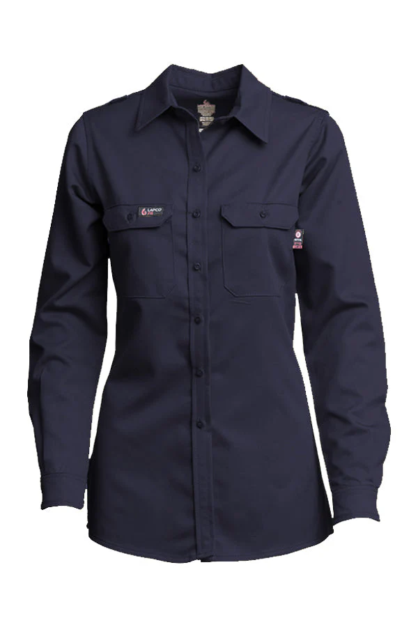 Lapco Womens DH Uniform Shirts 6.5oz. Westex - Navy FR,fire,flame,resistant,retardant,women,womens,girl,girls,lady,ladies,shirt,solid,collar,collared,neck,uniform,long,sleeve,dark,navy,blue,midnight,indigo