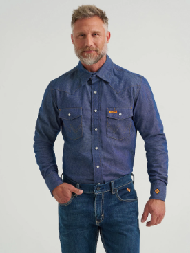 Wrangler Men's FR Flame-Resistant Long Sleeve Denim Work Shirt - Indigo
