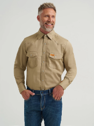 Wrangler Mens FR Flame-Resistant Long Sleeve Twill Solid Shirt - Khaki FR,flame,fire,resistant,retardant,men,mens,boy,boys,shirt,solid,uniform,collar,collared,neck,uniform,long,sleeve,dark,light,khaki,brown,tan,beige